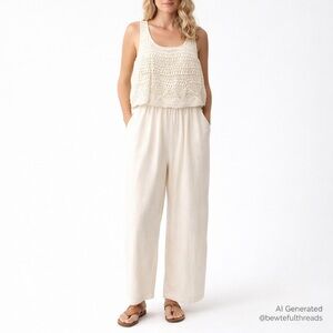 Lucky Brand M Ivory Crochet Wide Leg Jumpsuit Boho Summer